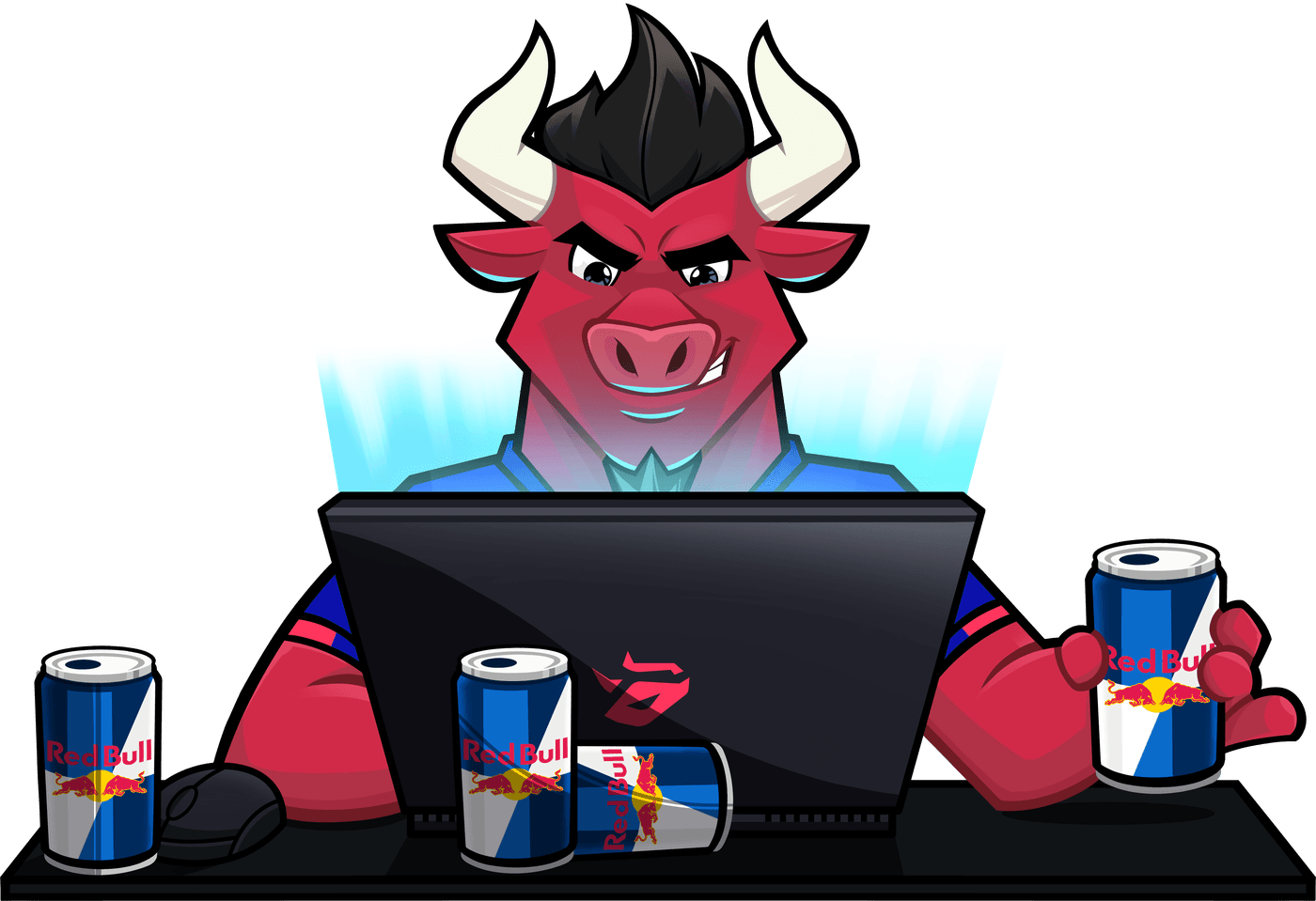 Mascote da Bullster de plantão no notebook, com latas de energético
